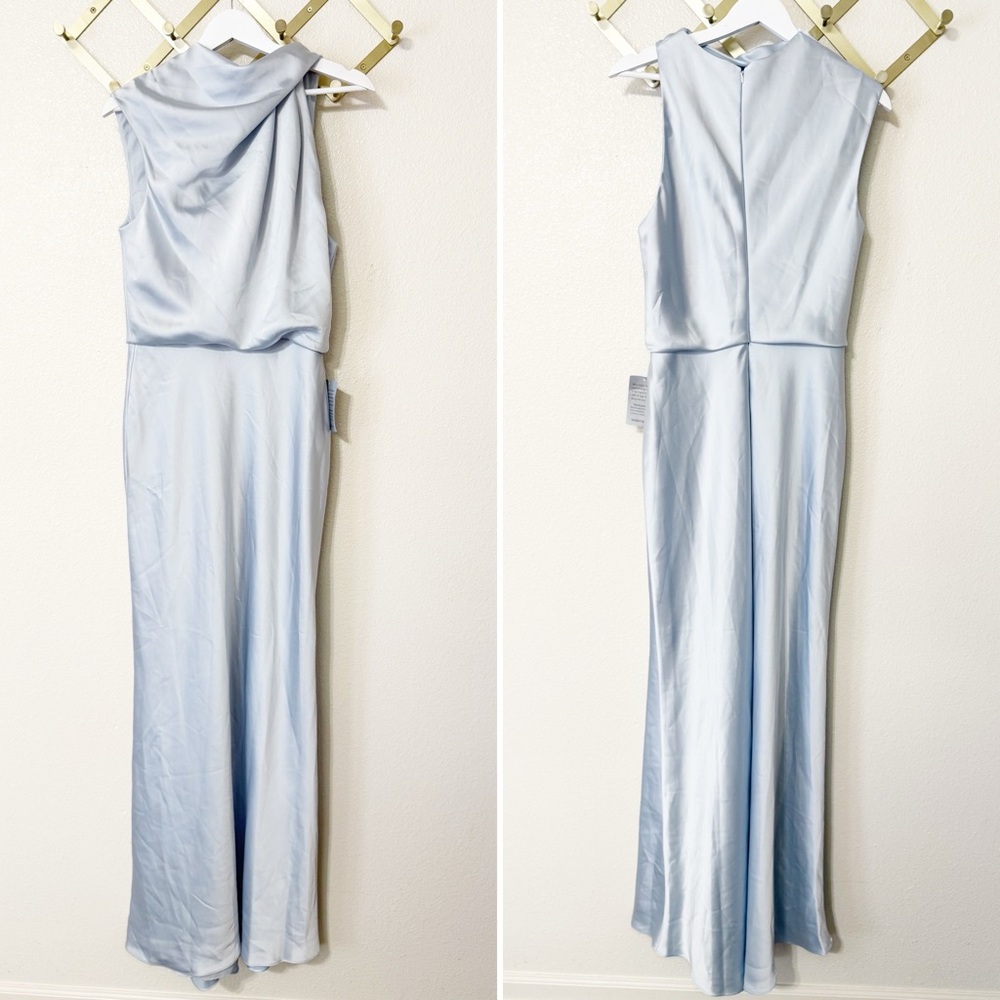 NEW Amsale Fluid Satin Draped Neck Dress in Ice Blue BHLDN Gown Asymetrical - Picture 4 of 10